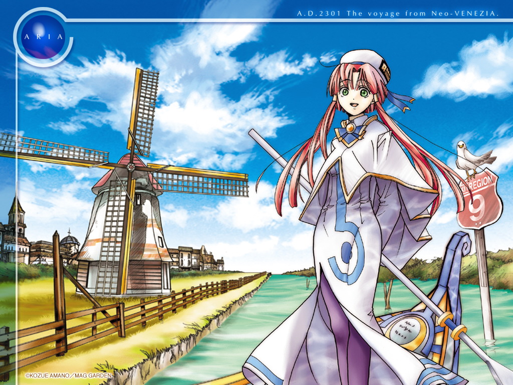 amano kozue, mizunashi akari, aria (manga), 00s, 1girl, bird, building, canal, capelet, cloud, copyright name, day, female focus, fence, field, gondola, green eyes, hat, high collar, long hair, oar, open mouth, pantyhose, pink hair, purple pantyhose, river, road sign, seagull, short hair with long locks, sidelocks, sign, sky, solo, surprised, water, windmill, wooden fence