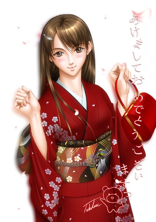 misaki yuu (misayou), 1girl, akeome, brown eyes, brown hair, female focus, hair ornament, hairclip, happy new year, japanese clothes, kimono, new year, petals, solo
