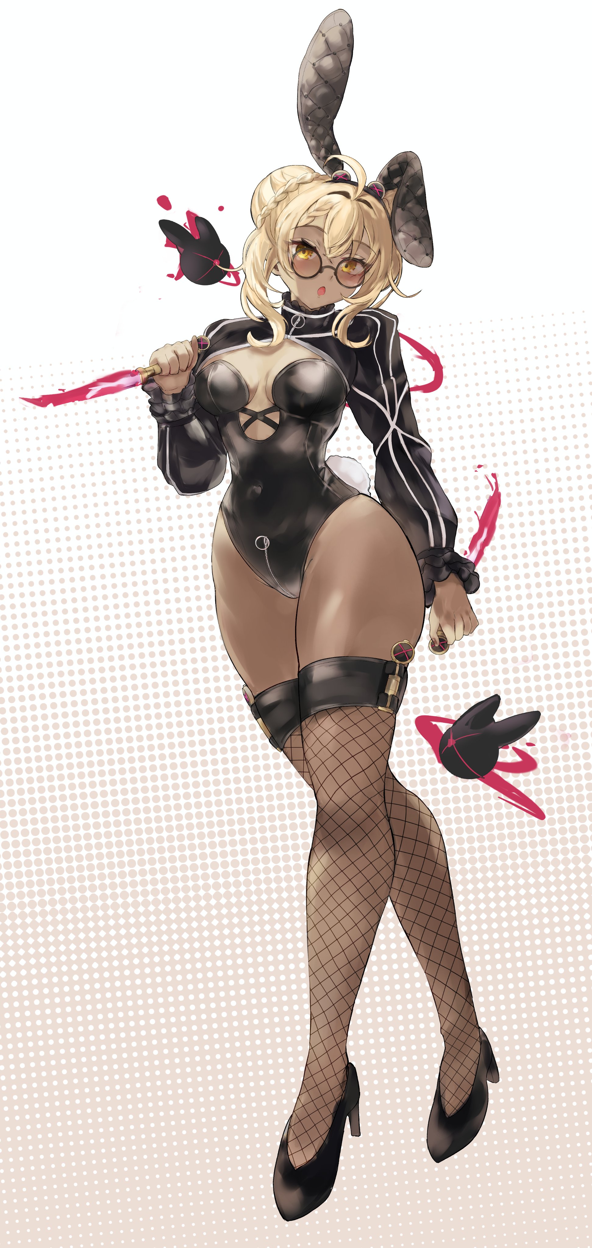 klash, artoria pendragon (fate), mysterious heroine xx alter (fate), fate/grand order, fate (series), absurdres, highres, 1girl, :o, ahoge, animal ears, black leotard, blonde hair, breasts, crotch zipper, double bun, fishnet pantyhose, fishnets, full body, glasses, hair bun, high heels, leotard, open mouth, pantyhose, playboy bunny, polka dot, polka dot background, rabbit ears, rabbit tail, shrug (clothing), tail, yellow eyes