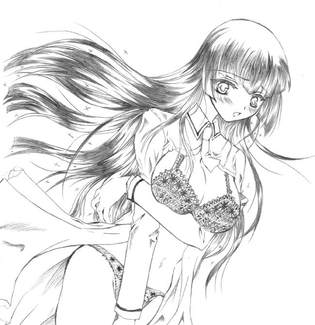 misaki yuu (misayou), hayasaka ouka, busou renkin, 00s, 1girl, blush, bra, breasts, cleavage, cowboy shot, dutch angle, embarrassed, female focus, greyscale, lingerie, long hair, looking at viewer, medium breasts, monochrome, open clothes, open mouth, open shirt, panties, shirt, simple background, sketch, solo, standing, torn clothes, underwear, white background