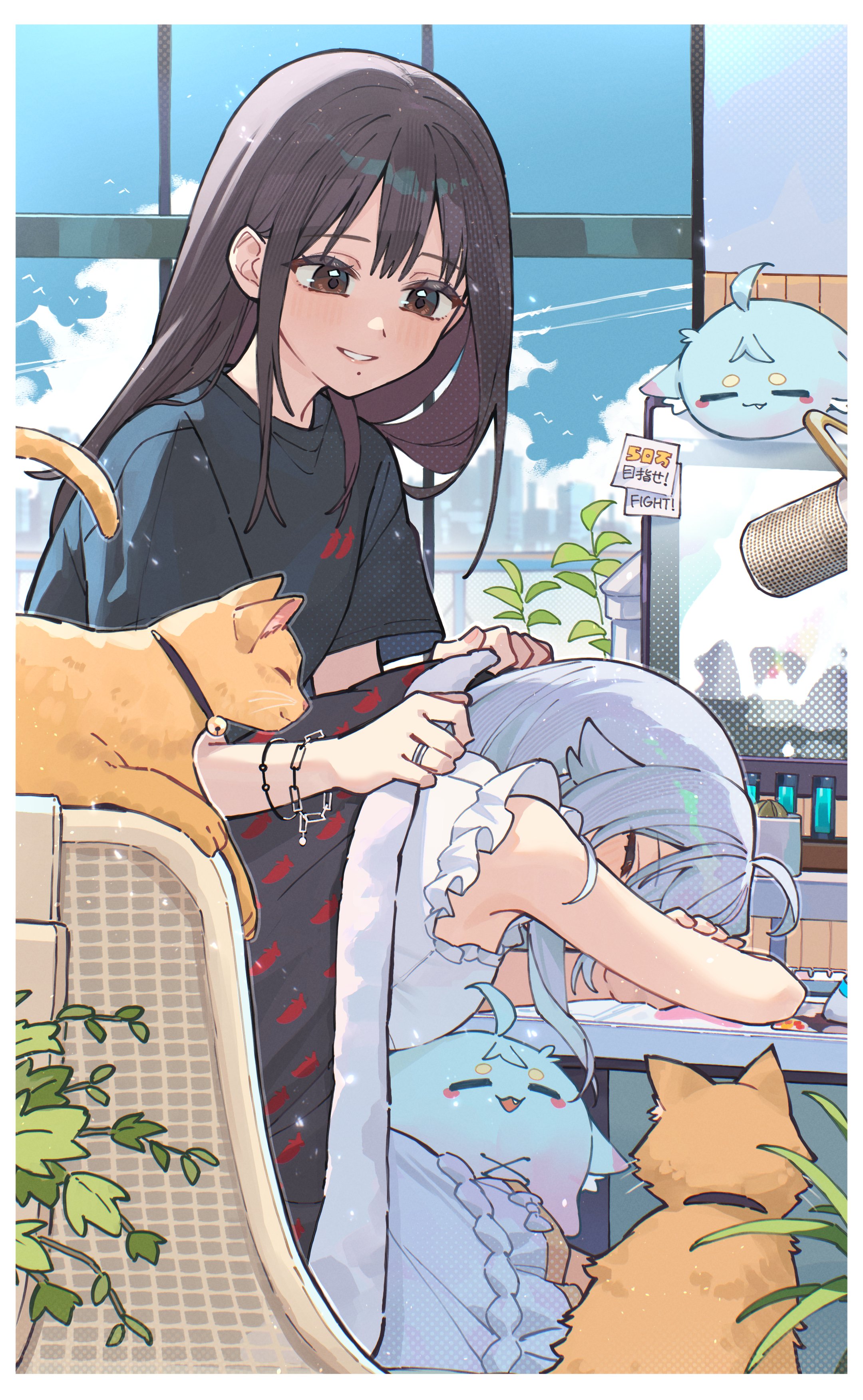 tsukino (nakajimaseiki), chiriri (kagura nana), kagura nana, indie virtual youtuber, real life, absurdres, commentary request, highres, 2girls, arm rest, black shirt, blanket, blue hair, bracelet, brown eyes, brown hair, cat, covering with blanket, day, frills, grin, head rest, holding, holding blanket, jewelry, light blush, long hair, looking at another, microphone, mole, mole under mouth, multiple girls, nana kagura (real life), parted lips, shirt, sitting, sleeping, sleeping upright, smile, sticker, studio microphone, virtual youtuber, voice actor connection