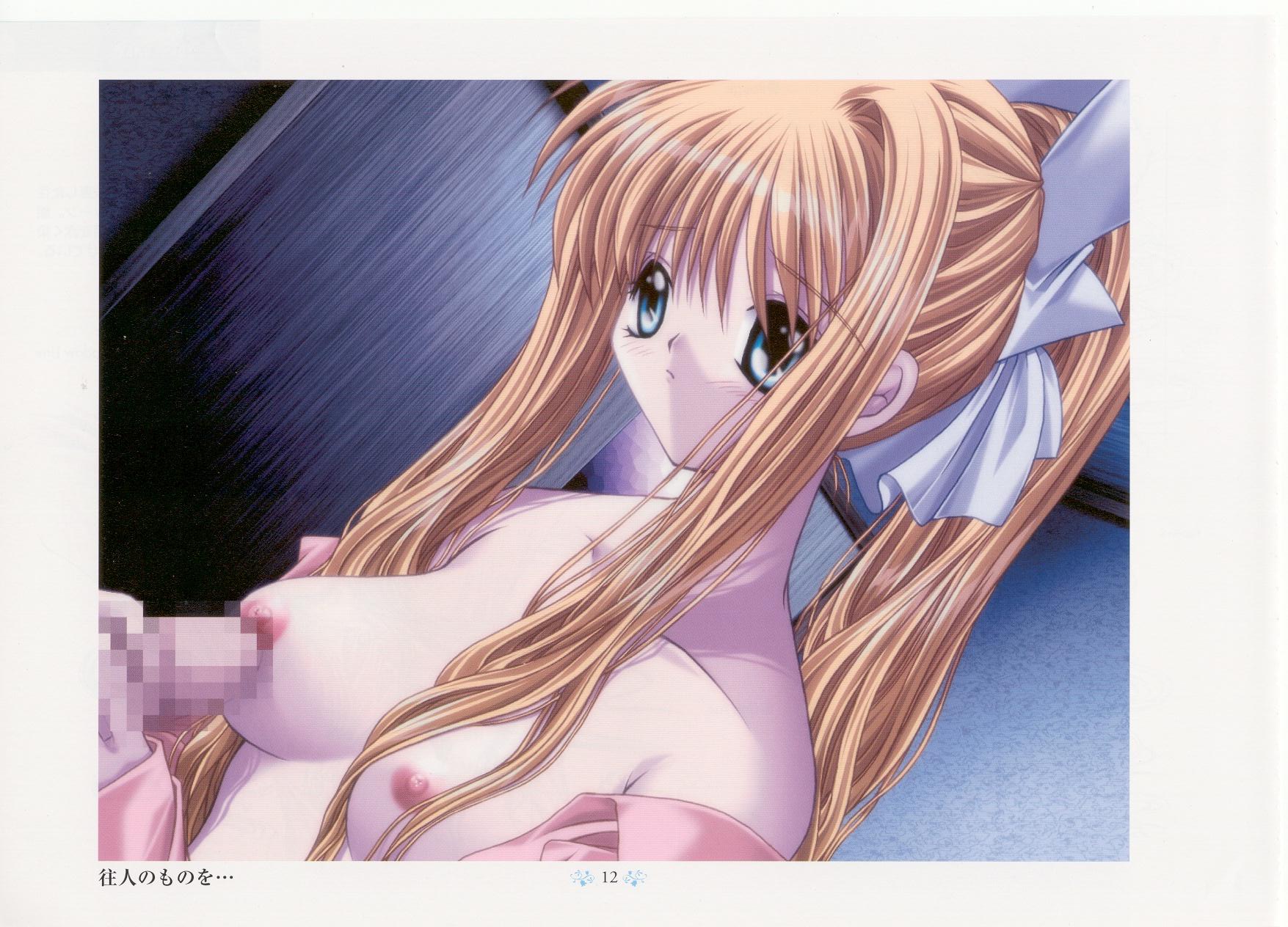 hinoue itaru, kamio misuzu, air (visual novel), artbook, game cg, highres, scan, 00s, 1girl, blonde hair, blue eyes, breasts, censored, medium breasts, mosaic censoring, nipples, open clothes, open shirt, penis, penis to breast, shirt, solo, solo focus