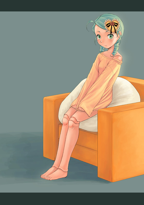 shirayuki shoushirou, kanaria, rozen maiden, 00s, 1girl, armchair, barefoot, bottomless, chair, covering crotch, covering privates, doll joints, drill hair, expressionless, female focus, full body, green eyes, green hair, hair ornament, joints, looking at viewer, matching hair/eyes, shirt tug, sitting, solo