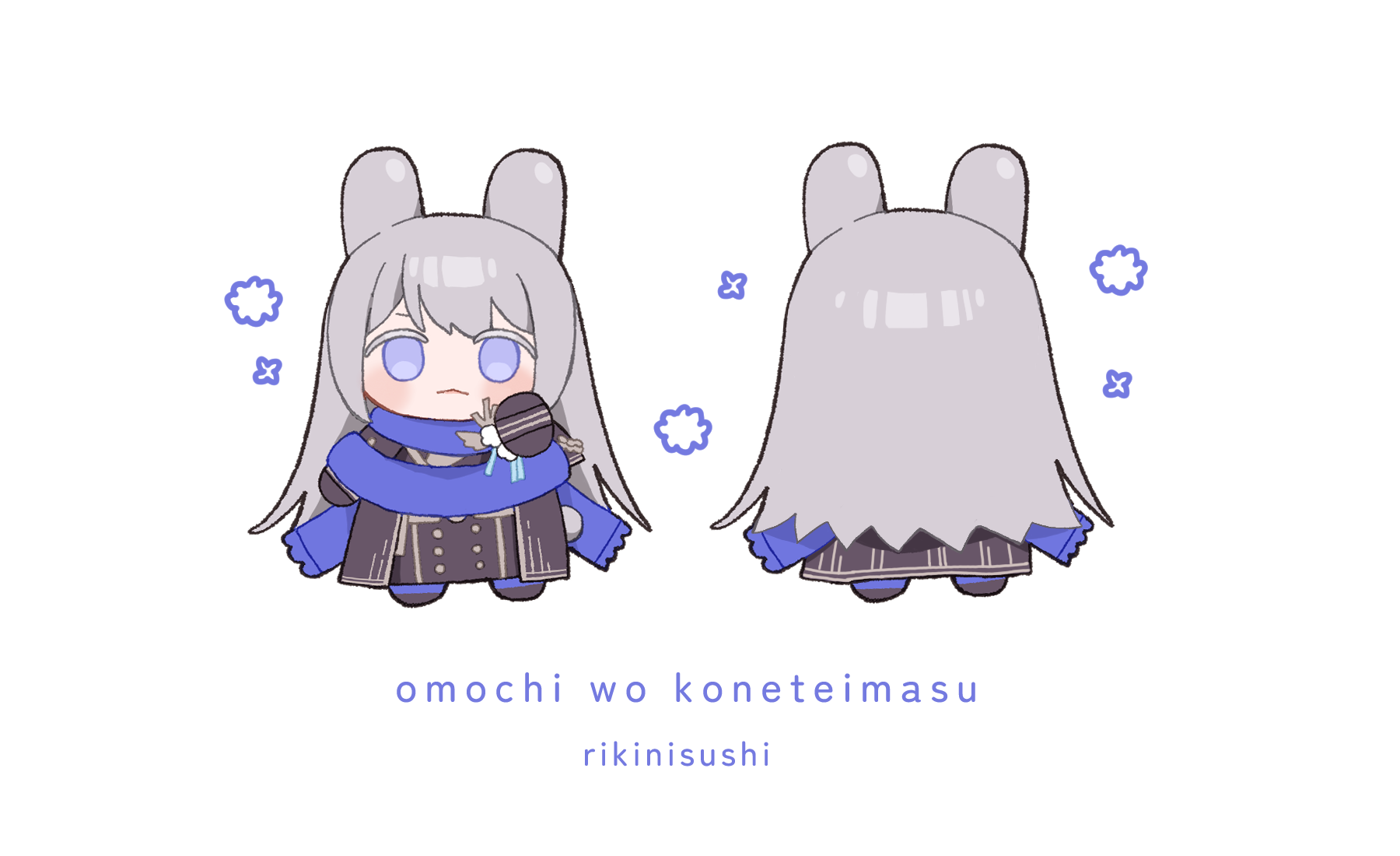 rikini sushi, bkornblume, reverse:1999, highres, 1girl, :<, animal ears, black coat, black dress, blue eyes, blue scarf, chibi, coat, dress, grey hair, kemonomimi mode, long hair, looking at viewer, multiple views, rabbit ears, scarf, turnaround, white background