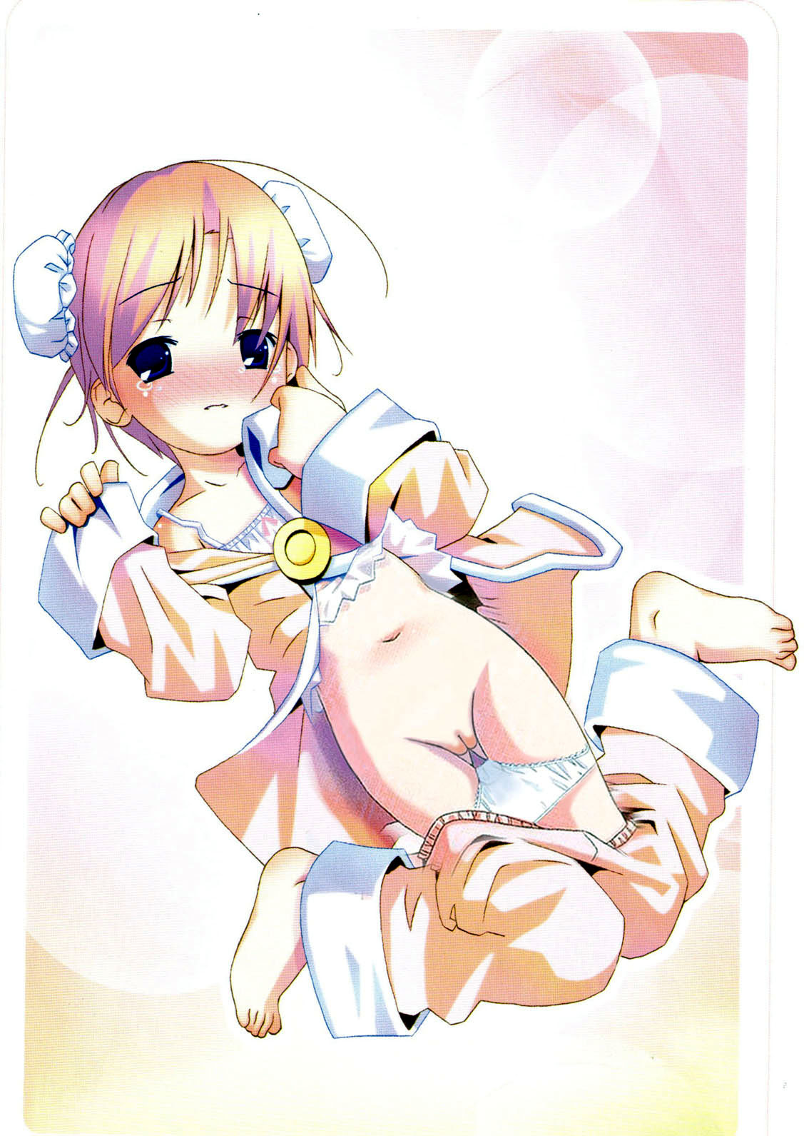 nijihara ink, moetan, artist request, highres, 00s, 1girl, barefoot, blue eyes, blush, bun cover, clothes pull, double bun, feet, female focus, hair bun, loli, navel, pajamas, panties, pants, pants pull, panty pull, pussy, solo, tears, toes, uncensored, underwear, white panties