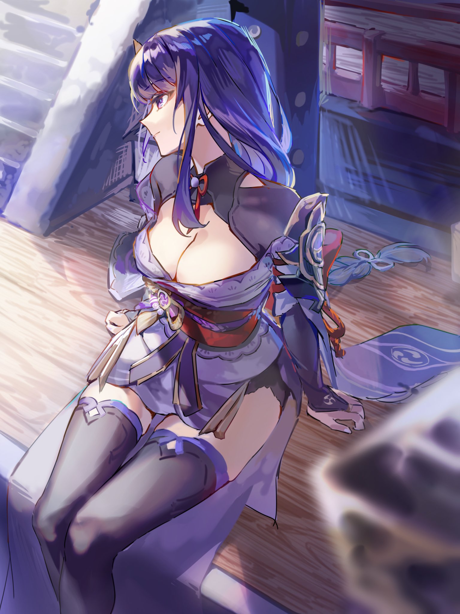 suiso sui, raiden shogun, genshin impact, highres, 1girl, black thighhighs, breasts, bridal gauntlets, cleavage, closed mouth, from above, japanese clothes, kimono, large breasts, long hair, looking afar, low-braided long hair, low-tied long hair, obijime, purple eyes, purple hair, purple kimono, sitting, solo, thighhighs