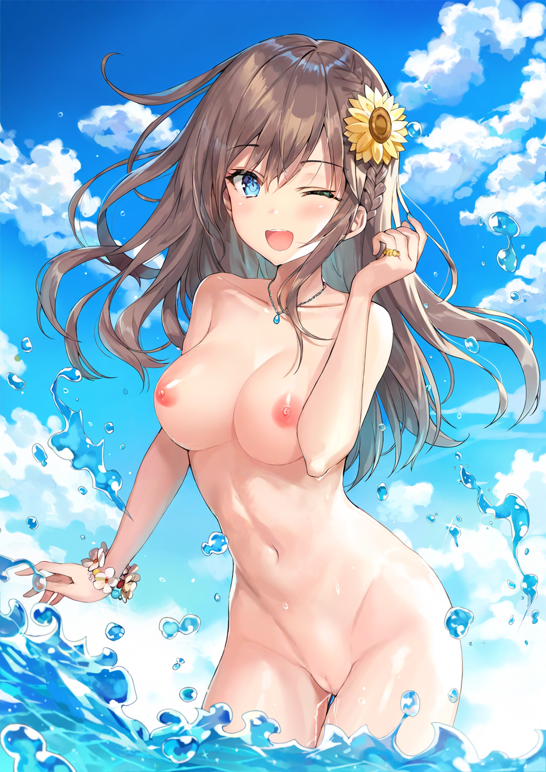 momoko (momopoco), highres, nude filter, third-party edit, 1girl, ;d, blue eyes, blue sky, bracelet, braid, breasts, brown hair, cleavage, cloud, cloudy sky, completely nude, day, female focus, flower, flower bracelet, flower on head, hair between eyes, hair flower, hair ornament, hand up, jewelry, legs together, long hair, looking at viewer, medium breasts, navel, nipples, nude, one eye closed, open mouth, outdoors, pussy, pussy juice, ring, side braid, sky, smile, solo, sunflower, sunflower hair ornament, teeth, thighs, water, wet