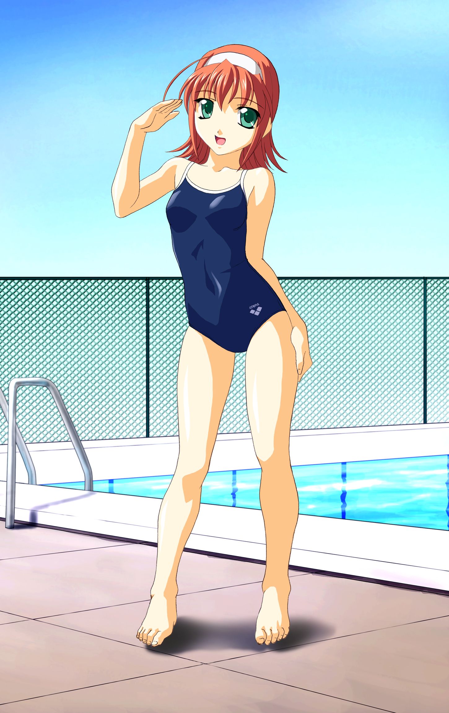norizou type-r, suzumiya akane, arena (company), kimi ga nozomu eien, highres, 00s, 1girl, :d, ahoge, barefoot, blue one-piece swimsuit, blue sky, breasts, brown hair, chain-link fence, clothes writing, collarbone, competition school swimsuit, competition swimsuit, covered navel, day, emblem, feet, female focus, fence, flipped hair, full body, green eyes, hairband, hand on own thigh, hand up, happy, head tilt, legs, legs apart, looking at viewer, one-piece swimsuit, open mouth, orange hair, outdoors, pool, pool ladder, poolside, salute, school swimsuit, shadow, sky, small breasts, smile, solo, standing, swimsuit, tile floor, tiles, water