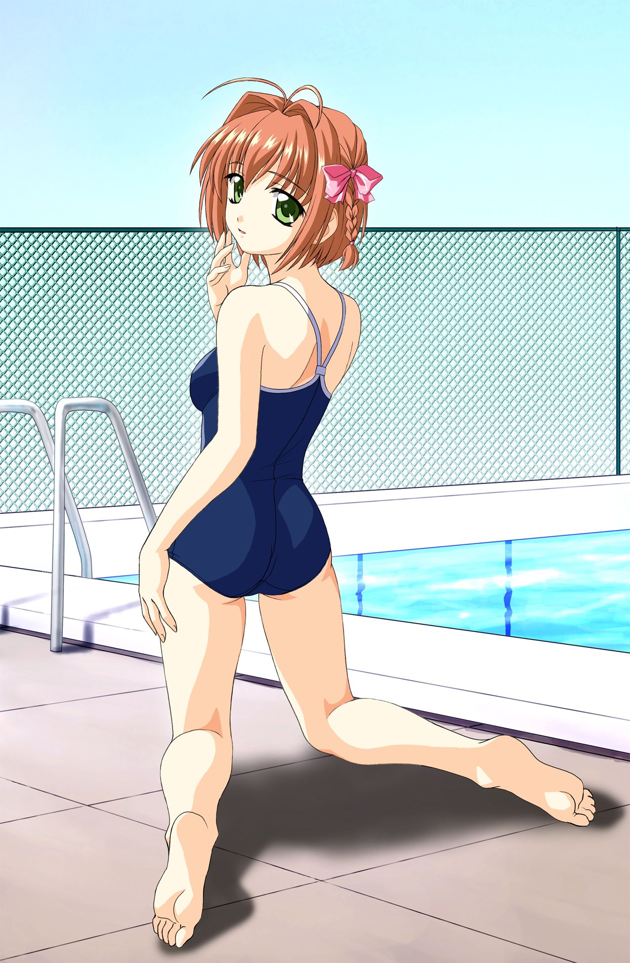 norizou type-r, suzumiya haruka, kimi ga nozomu eien, highres, 00s, 1girl, antenna hair, barefoot, bow, braid, chain-link fence, competition school swimsuit, feet, female focus, fence, from behind, green eyes, hair bow, hair intakes, looking at viewer, looking back, one-piece swimsuit, pool, pool ladder, poolside, school swimsuit, solo, swimsuit
