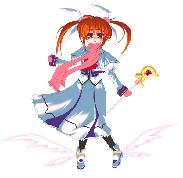 frapowa, raising heart, raising heart (accel mode), takamachi nanoha, takamachi nanoha (sacred mode), lyrical nanoha, mahou shoujo lyrical nanoha, mahou shoujo lyrical nanoha a's, winged footwear, 00s, 1girl, beads, blue eyes, bow, brown hair, dress, female focus, full body, hair beads, hair bow, hair ornament, looking at viewer, open mouth, pantyhose, scarf, shoes, simple background, solo, standing, twintails, two side up, white background, white dress, wings