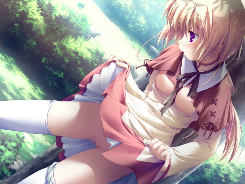 komatsu eiji, mint lentil, majokko a la mode 2, game cg, 1girl, against tree, blonde hair, breasts, brown dress, capelet, censored, clothes lift, day, dress, dress lift, dutch angle, female focus, long hair, long sleeves, medium breasts, miniskirt, mosaic censoring, mouth hold, multicolored dress, nipples, no bra, no panties, open clothes, open shirt, outdoors, panties, panties around leg, ponytail, purple eyes, pussy, shirt, skirt, skirt lift, solo, standing, thighhighs, tree, underwear, white panties, white thighhighs, witch, zettai ryouiki