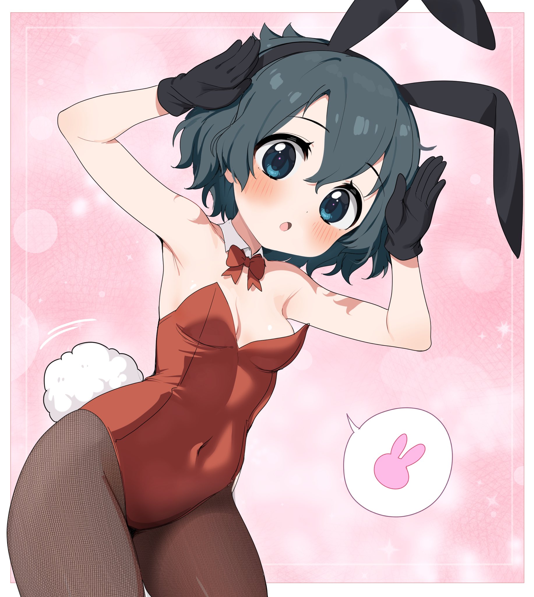 ransusan, kaban (kemono friends), kemono friends, highres, 1girl, animal ear hairband, animal ears, bare shoulders, black bow, black bowtie, black gloves, black hair, blue eyes, blush, bow, bowtie, breasts, bunny day, cleavage, covered navel, detached collar, fake animal ears, fake tail, gloves, hairband, highleg, highleg leotard, leotard, looking at viewer, medium breasts, pantyhose, playboy bunny, rabbit ear hairband, rabbit ears, rabbit pose, rabbit tail, red leotard, short hair, solo, strapless, strapless leotard, tail, wavy hair