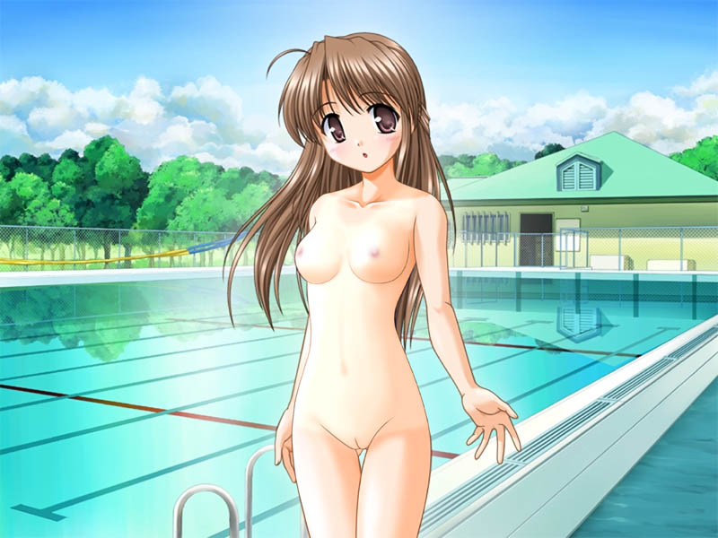 bekkankou, hanihani, fujieda honami, tsuki wa higashi ni hi wa nishi ni, game cg, nude filter, third-party edit, 00s, 1girl, :o, ahoge, breasts, brown hair, chain-link fence, cleft of venus, cloud, day, female focus, fence, head tilt, long hair, medium breasts, nipples, nude, outdoors, pink eyes, pool, poolside, pussy, reflection, solo, thigh gap, tree, uncensored, zenra