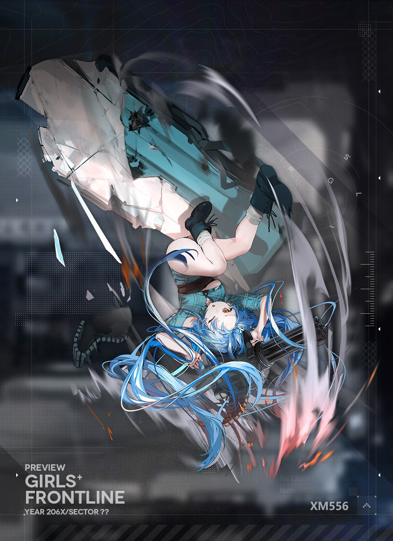 xm556 (girls' frontline), girls' frontline, official art, 1girl, ammunition belt, backpack, bag, blue hair, blue shirt, english text, gatling gun, gun, holding, holding gun, holding weapon, long hair, multicolored hair, one eye closed, open clothes, orange hair, shirt, solo, torn clothes, upside-down, weapon, xm556 microgun