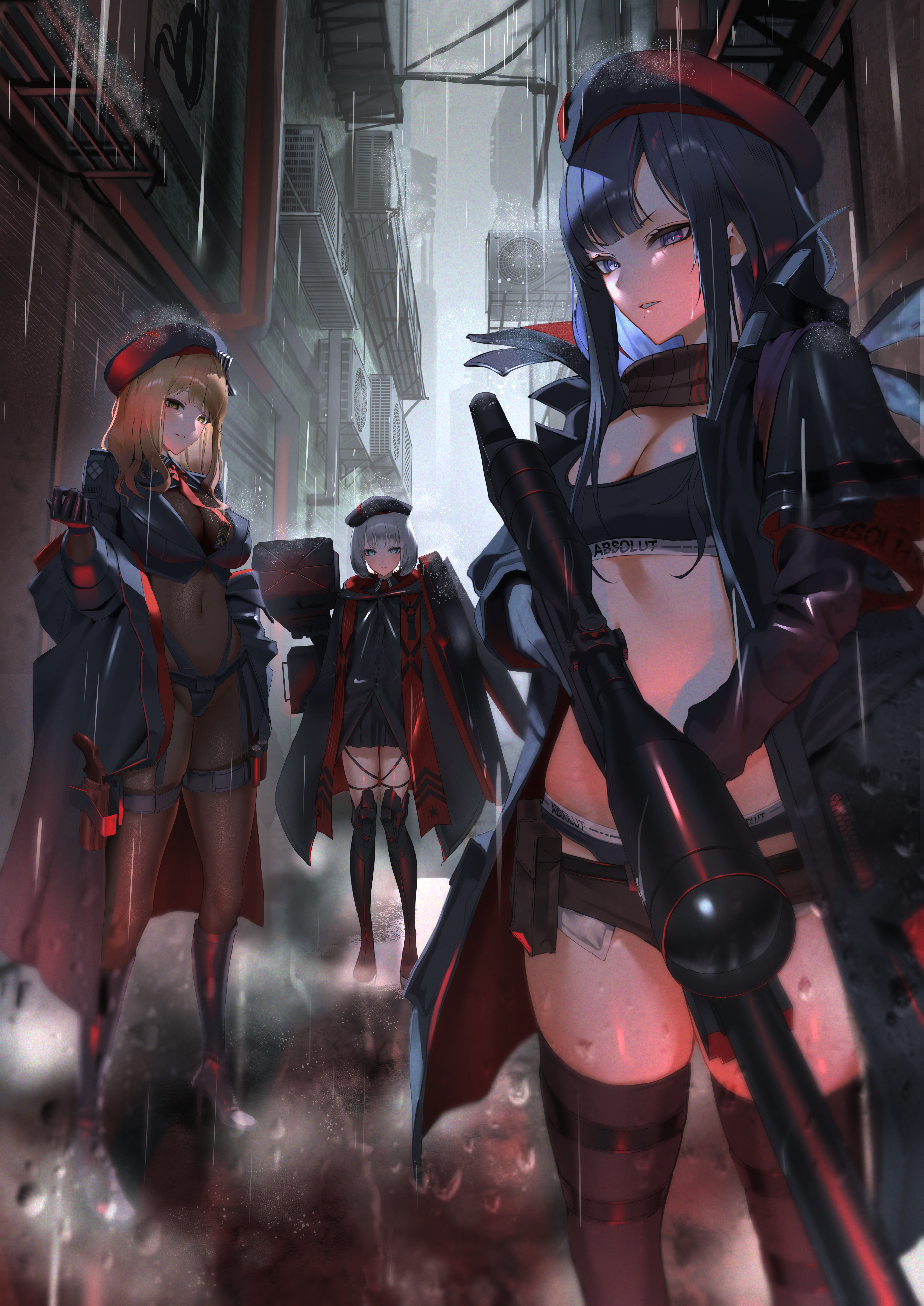 emma (nikke), emma (tactical upgrade) (nikke), eunhwa (nikke), eunhwa (tactical upgrade) (nikke), vesti (nikke), vesti (tactical upgrade) (nikke), goddess of victory: nikke, absurdres, highres, 3girls, absolute (nikke), alley, beret, black bra, black gloves, black hair, black hat, black jacket, black panties, black thighhighs, bodystocking, bra, breasts, brown hair, cleavage, gloves, grey hair, grey sky, gun, hat, holding, holding gun, holding weapon, jacket, large breasts, medium breasts, multiple girls, nekoten (pixiv 50710337), panties, purple eyes, rain, rifle, scarf, scope, sky, sniper rifle, thighhighs, underwear, weapon