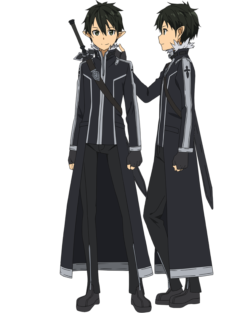 adachi shingo, kirito, kirito (sao-ggo), sword art online, official art, 2boys, anime coloring, black boots, black eyes, black gloves, black hair, black jacket, black pants, boots, closed mouth, elf, fingerless gloves, from side, full body, gloves, hair between eyes, hand up, jacket, long sleeves, looking at viewer, multiple boys, multiple views, pants, pointy ears, profile, scabbard, sheath, sheathed, short hair, simple background, smile, standing, sword, sword on back, transparent background, weapon, weapon on back