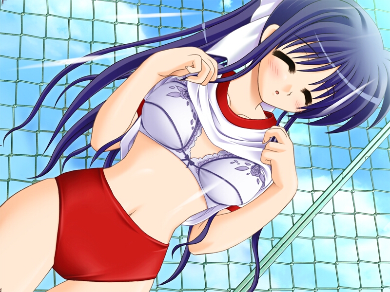 tsuzuki maki, nagase yukino, sakura machizaka stories, sakura machizaka stories vol.1, game cg, 1girl, bra, buruma, clothes lift, female focus, gym uniform, lingerie, ponytail, shirt lift, sky, solo, underwear