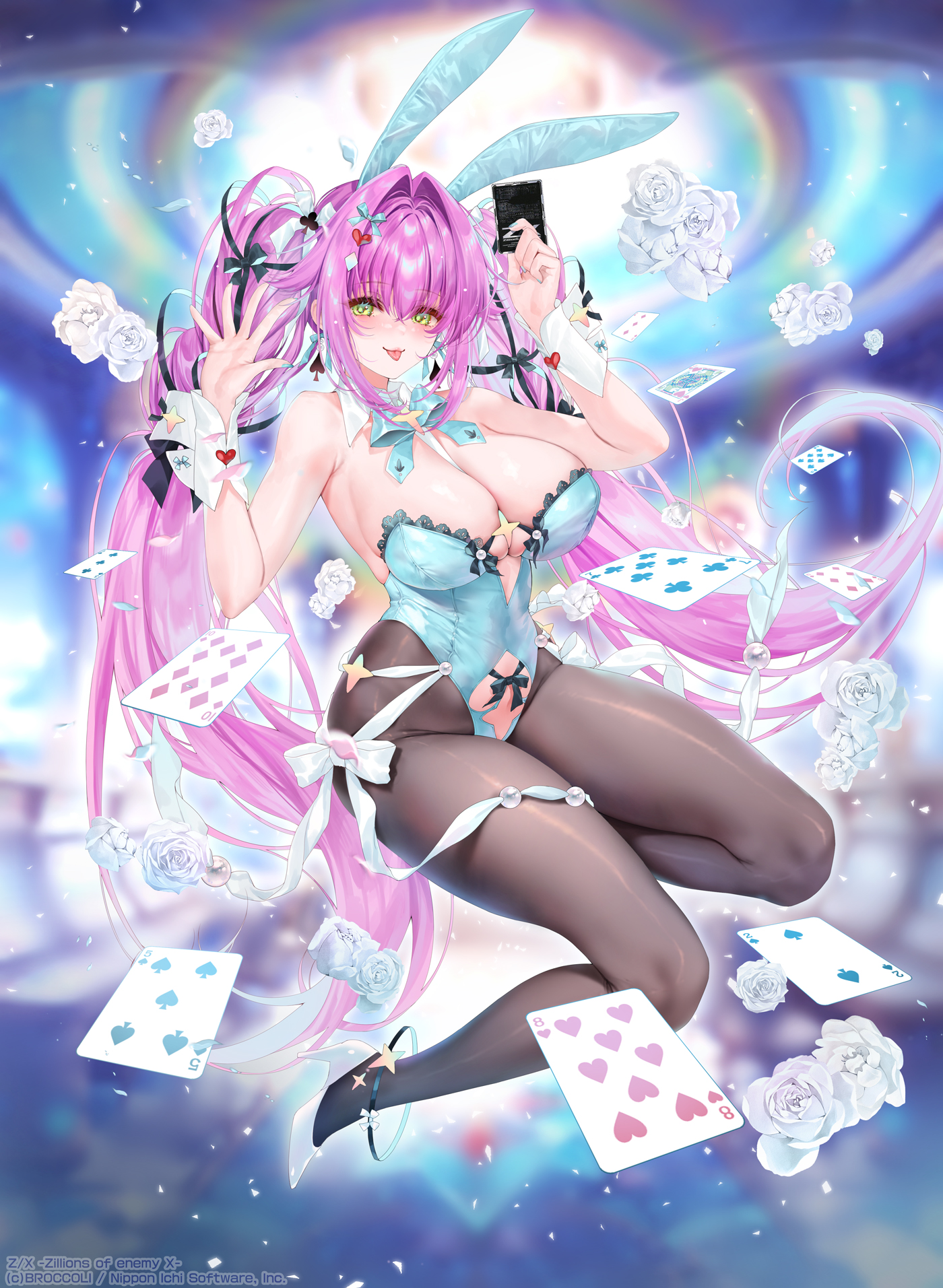 obiwan, weisuoxin, tenryuu yutaka, original, z/x, highres, 1girl, :p, animal ears, aqua leotard, bare shoulders, black pantyhose, blush, breasts, card, closed mouth, detached collar, fake animal ears, full body, green eyes, hair intakes, hair ornament, hands up, high heels, highleg, highleg leotard, holding, large breasts, leotard, long hair, looking at viewer, pantyhose, playboy bunny, playing card, purple hair, rabbit ears, shoes, smile, solo, thighs, tongue, tongue out, twintails, white shoes