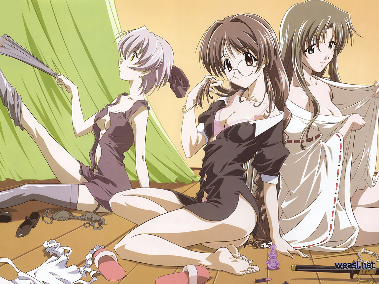 ichimonji mutsuki, ninomai kisaragi, sanzein yayoi, sanzen'in yayoi, happy lesson, 00s, 3girls, barefoot, bra, breasts, glasses, lingerie, medium breasts, multiple girls, open clothes, open shirt, shirt, thighhighs, underwear, undressing, watermark