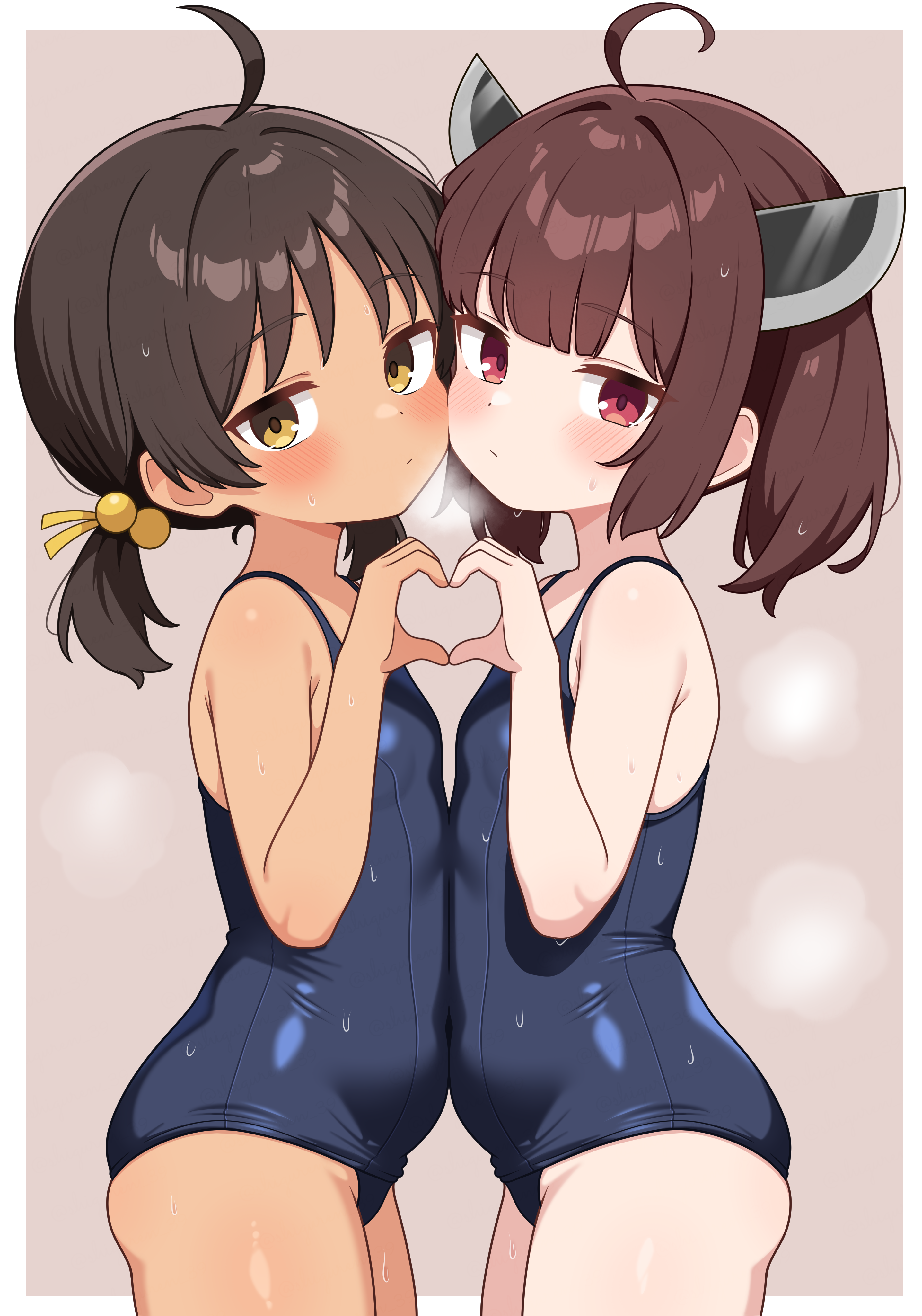 shiguren 39, kaai yuki, touhoku kiritan, vocaloid, voiceroid, absurdres, commentary request, highres, 2girls, ahoge, black hair, blue one-piece swimsuit, breasts, brown hair, from side, hair ornament, heart, heart hands, heart hands duo, looking at viewer, multiple girls, one-piece swimsuit, red eyes, school swimsuit, short twintails, small breasts, swimsuit, twintails, yellow eyes