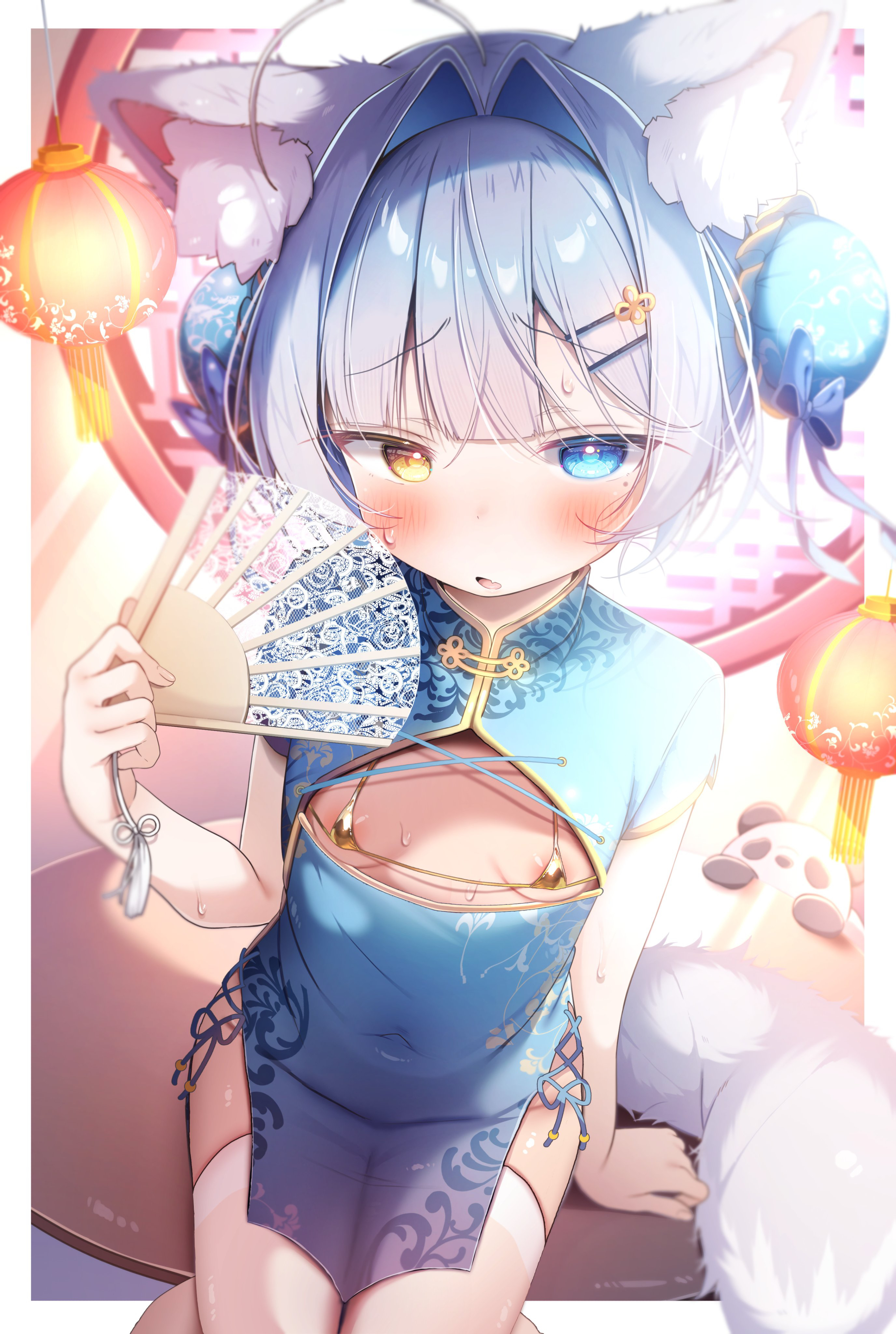 komugi (2212), komugi-chan (komugi), original, absurdres, highres, 1girl, animal ear fluff, animal ears, bikini, blue dress, blue eyes, china dress, chinese clothes, dress, hair intakes, hand fan, heterochromia, micro bikini, sitting, solo, swimsuit, tail, thighhighs, white thighhighs, yellow eyes