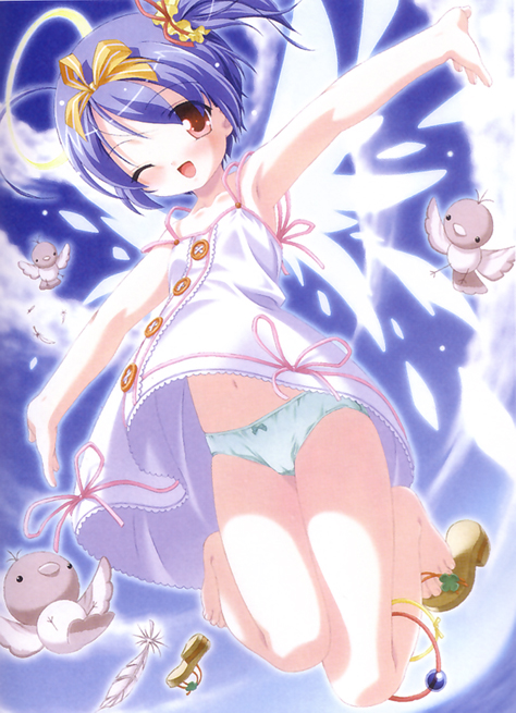 kuuchuu yousai, aquarian age, original, 00s, 1girl, aged down, ahoge, angel, anklet, armpits, bare shoulders, barefoot, bird, blue hair, blush, cloud, day, feathers, female focus, flat chest, hair ribbon, halo, jewelry, loli, navel, one eye closed, open mouth, outstretched arms, panties, pantyshot, ponytail, red eyes, ribbon, sandals, shoes, short hair, short ponytail, side ponytail, single shoe, skirt, sky, smile, solo, spread arms, underwear, upskirt, white skirt, wings, wink