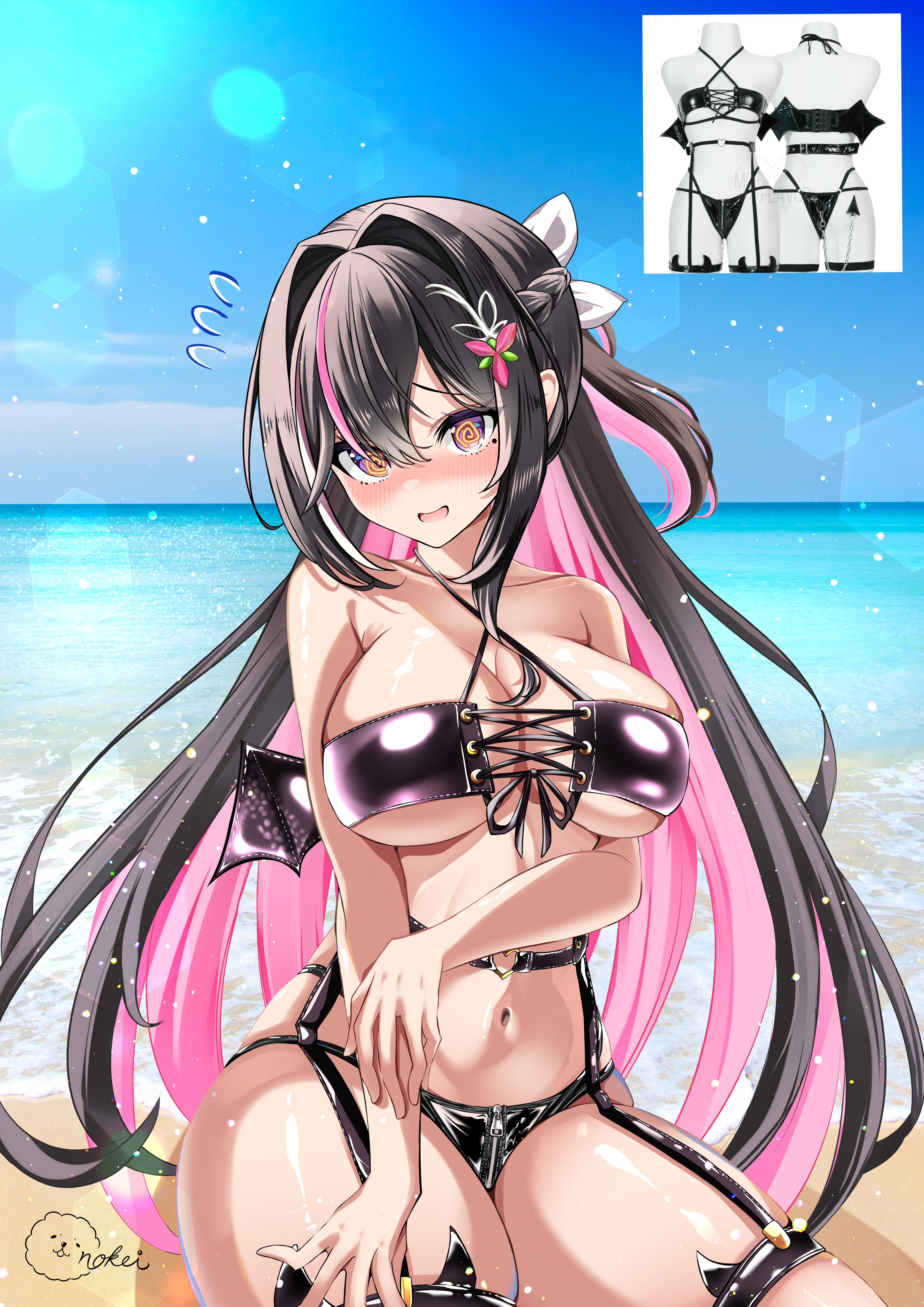 inokeiwd, azki (hololive), hololive, absurdres, highres, @ @, bare shoulders, beach, bikini, black bikini, black hair, breasts, closed mouth, collarbone, kneeling, large breasts, long hair, multicolored hair, ocean, pink hair, purple eyes, sand, streaked hair, swimsuit, virtual youtuber, white hair