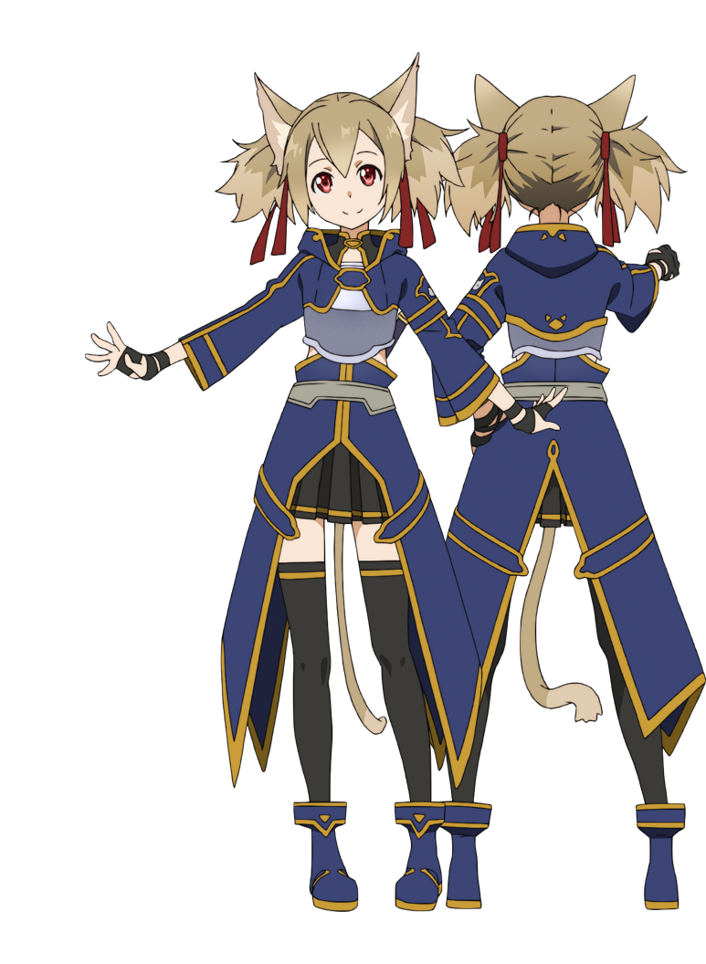 adachi shingo, silica, silica (sao-alo), sword art online, official art, 2girls, animal ears, anime coloring, armor, back, black gloves, black skirt, black thighhighs, blue boots, blue coat, boots, breastplate, brown hair, cat ears, cat girl, cat tail, coat, fingerless gloves, from behind, full body, gloves, hair between eyes, hair ribbon, hand up, looking at viewer, multiple girls, multiple views, outstretched arms, pleated skirt, red eyes, ribbon, short hair, simple background, skirt, smile, standing, tail, tareme, thighhighs, transparent background, twintails, zettai ryouiki