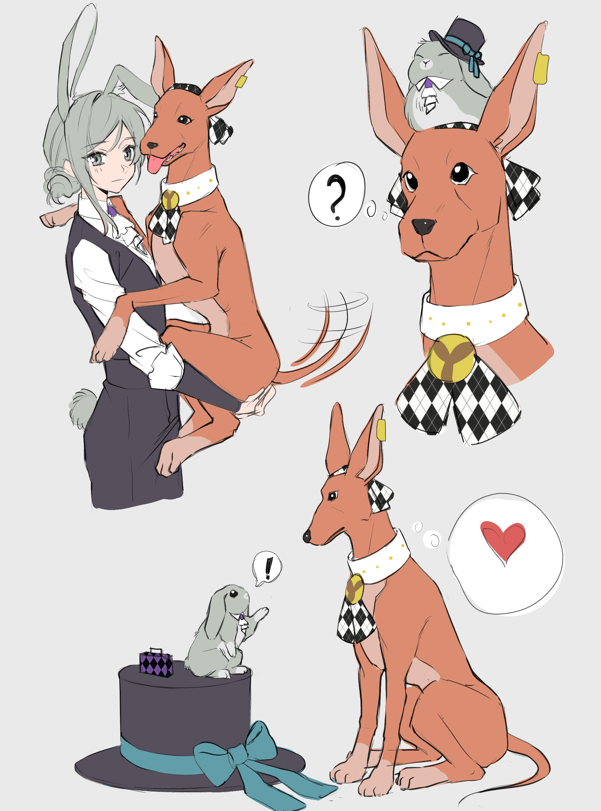 yuha6666, sonetto (reverse:1999), vertin (reverse:1999), reverse:1999, absurdres, highres, !, 1girl, ?, animal, animalization, ascot, black pants, black vest, blue bow, boater hat, bow, collared shirt, cowboy shot, cropped legs, dog, grey eyes, grey hair, greyhound, hair bun, hat, hat bow, heart, holding, holding animal, kemonomimi mode, pants, rabbit, rabbit girl, rabbit tail, shirt, short hair, single side bun, solo, speech bubble, spoken exclamation mark, suitcase, tail, tail wagging, thought bubble, unworn hat, unworn headwear, vest, white ascot, white shirt