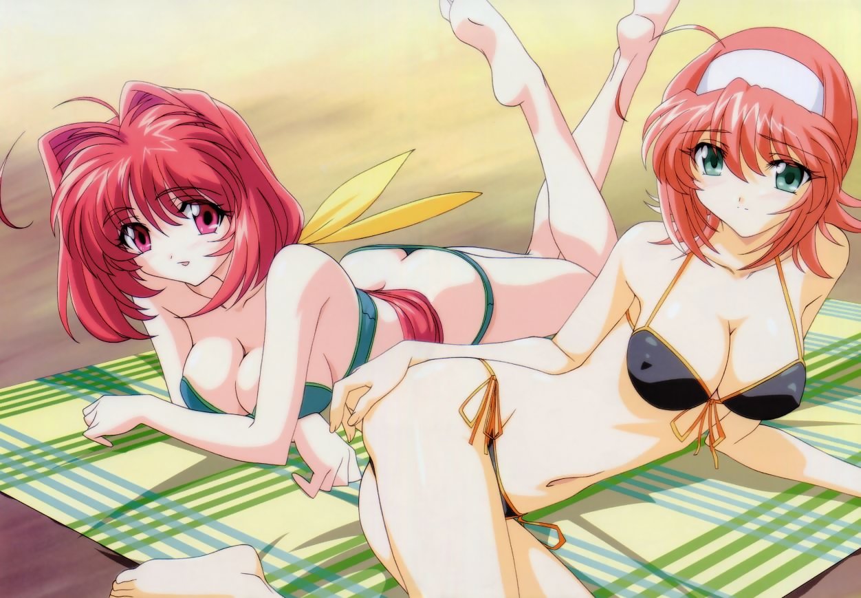 isono satoshi, kagami sumika, suzumiya akane, akane maniax, kimi ga nozomu eien, muv-luv, plaid, official art, 00s, 2girls, :d, ahoge, arm support, ass, bandeau, barefoot, beach, beach towel, bikini, black bikini, blush, breasts, butt crack, cleavage, covered erect nipples, crossed arms, crossover, day, downpants, feet, flipped hair, front-tie bikini top, front-tie top, green bikini, green eyes, groin, hair between eyes, hair intakes, hair ribbon, hairband, large breasts, legs up, light smile, long hair, low ponytail, lowleg, lowleg bikini, lying, multiple girls, on side, on stomach, open mouth, orange hair, outdoors, pink eyes, ponytail, red hair, ribbon, short hair, side-tie bikini bottom, smile, soles, string bikini, swimsuit, the pose, towel, very long hair