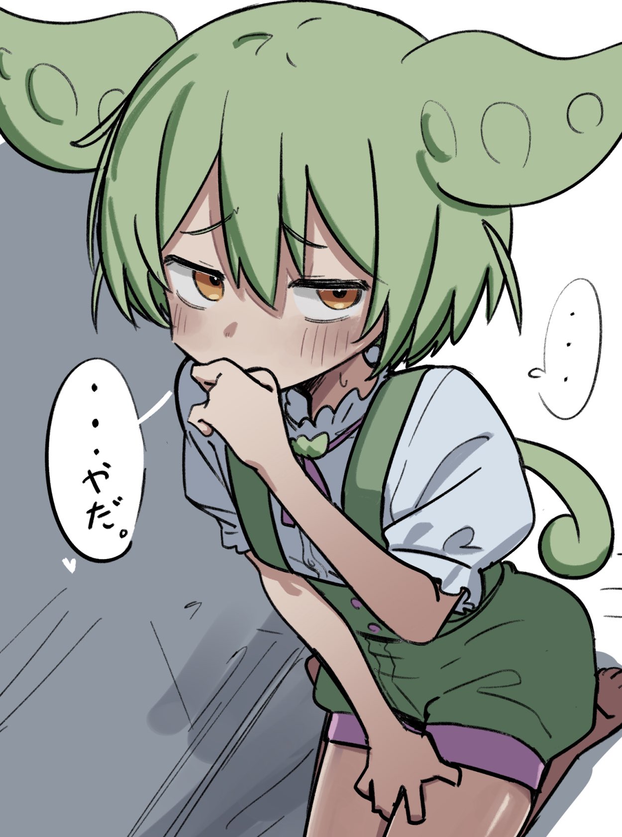 masshutake, zundamon, voicevox, commentary, highres, translated, 1girl, blush, green hair, long hair, ponytail, seiza, short shorts, shorts, sitting, solo, suspenders, yellow eyes