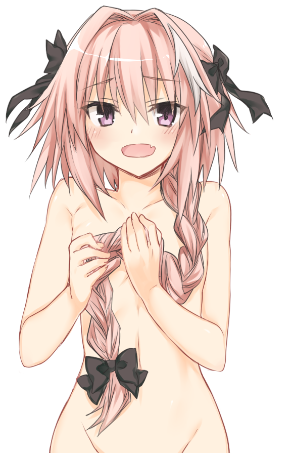 ouhina, astolfo (fate), fate/apocrypha, fate (series), 1boy, black bow, blush, bow, braid, braided ponytail, collarbone, cowboy shot, eyelashes, fang, hair bow, hair intakes, holding, holding own hair, long braid, long hair, male focus, multicolored hair, multiple hair bows, nude, open mouth, pink hair, purple eyes, shy, simple background, single braid, single hair streak, skin fang, solo, streaked hair, trap, two-tone hair, very long hair, white background, white hair, wide hips