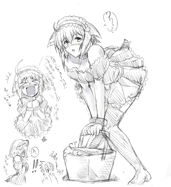 yasakani an, 1girl, animal ears, dog ears, greyscale, maid, monochrome, simple background, thighhighs