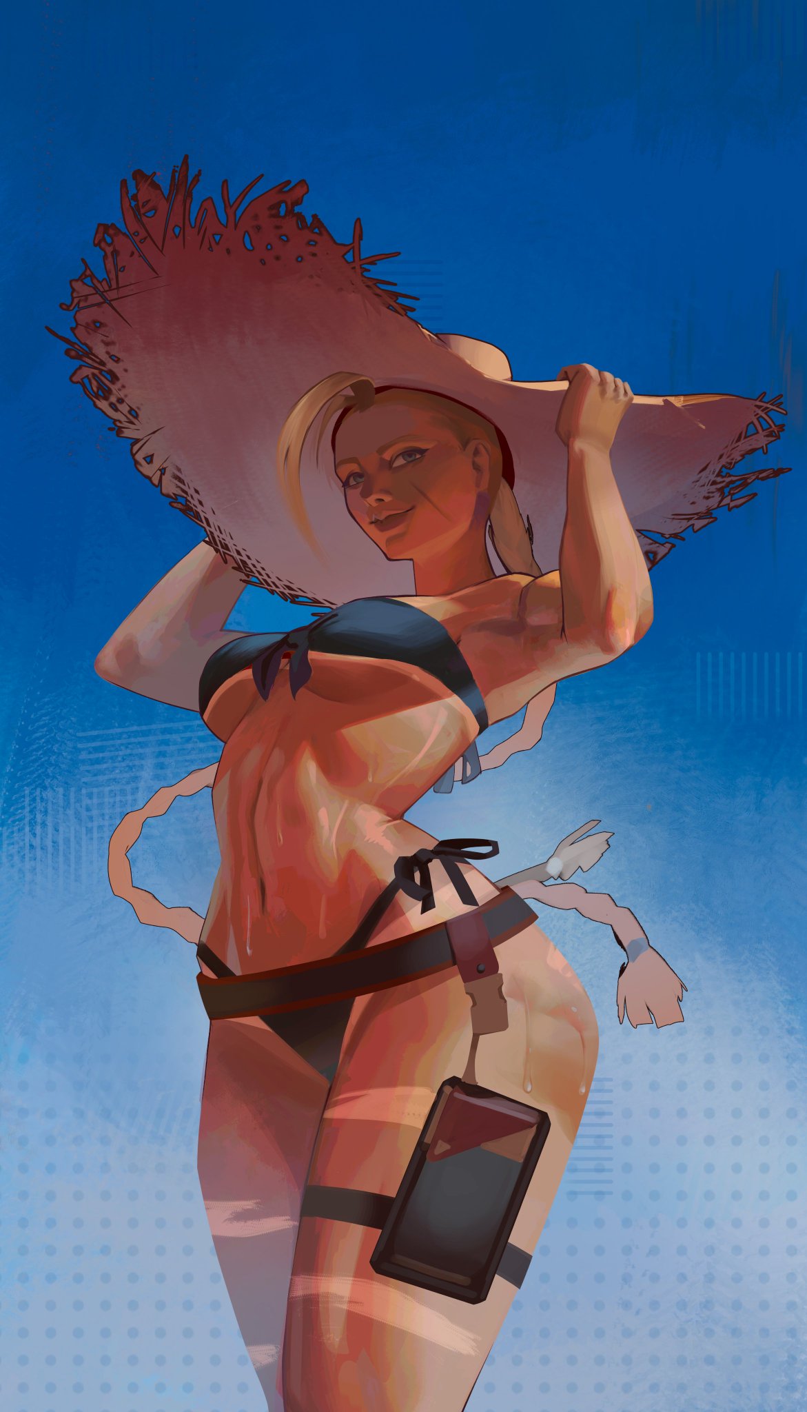 cammy white, street fighter, street fighter 6, 1girl, agngabryel, bikini, blonde hair, blue eyes, braid, breasts, hat, lips, medium breasts, scar, scar on face, simple background, straw hat, swimsuit, tan, tanline, wide hips