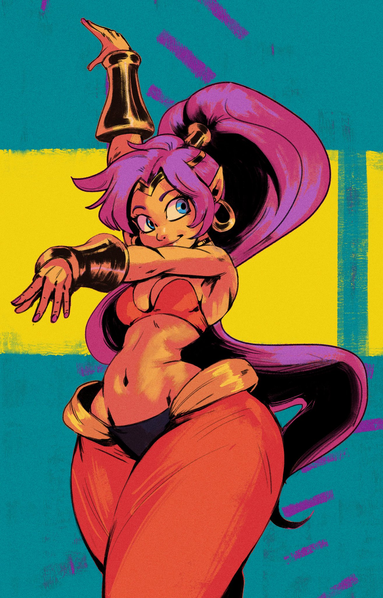 redblacktac, shantae, shantae (series), 1girl, blue eyes, bra, bracelet, breasts, dark-skinned female, dark skin, earrings, jewelry, long hair, looking to the side, medium breasts, pants, pointy ears, ponytail, purple hair, underwear, very long hair, wide hips