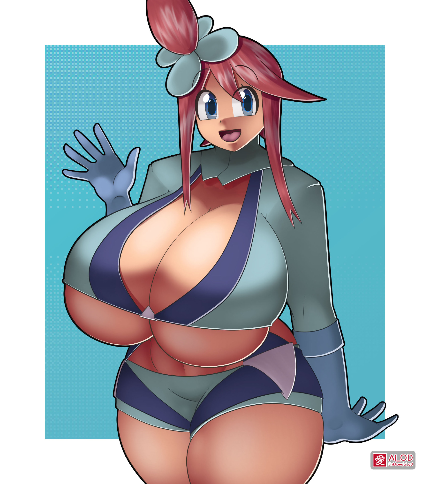 skyla (pokemon), nintendo, pokemon, pokemon bw, 1girl, ai-od, blue eyes, breasts, gigantic breasts, gloves, long hair, long sleeves, open mouth, plump, red hair, shorts, underboob, wide hips