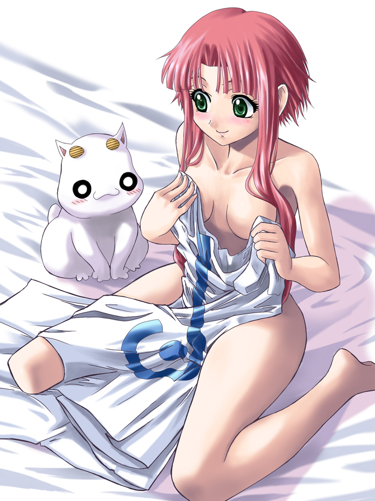yaso shigeru, aria pokoteng, mizunashi akari, aria (manga), 00s, 1girl, bed, blush, cat, clothes in front, covering privates, dress, female focus, green eyes, no headwear, nude cover, red hair, short hair with long locks, sitting, smile, solo, undressing, unworn dress, wariza