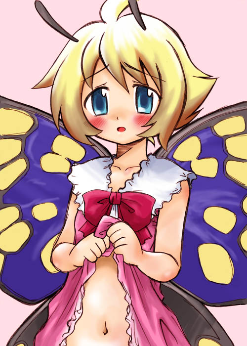 izumi masashi, masashi izumi, shimon (shimotsuma), shimotsuma, 1girl, antennae, clothes lift, fairy, female focus, lifting own clothes, skirt, skirt lift, solo, trap, wings