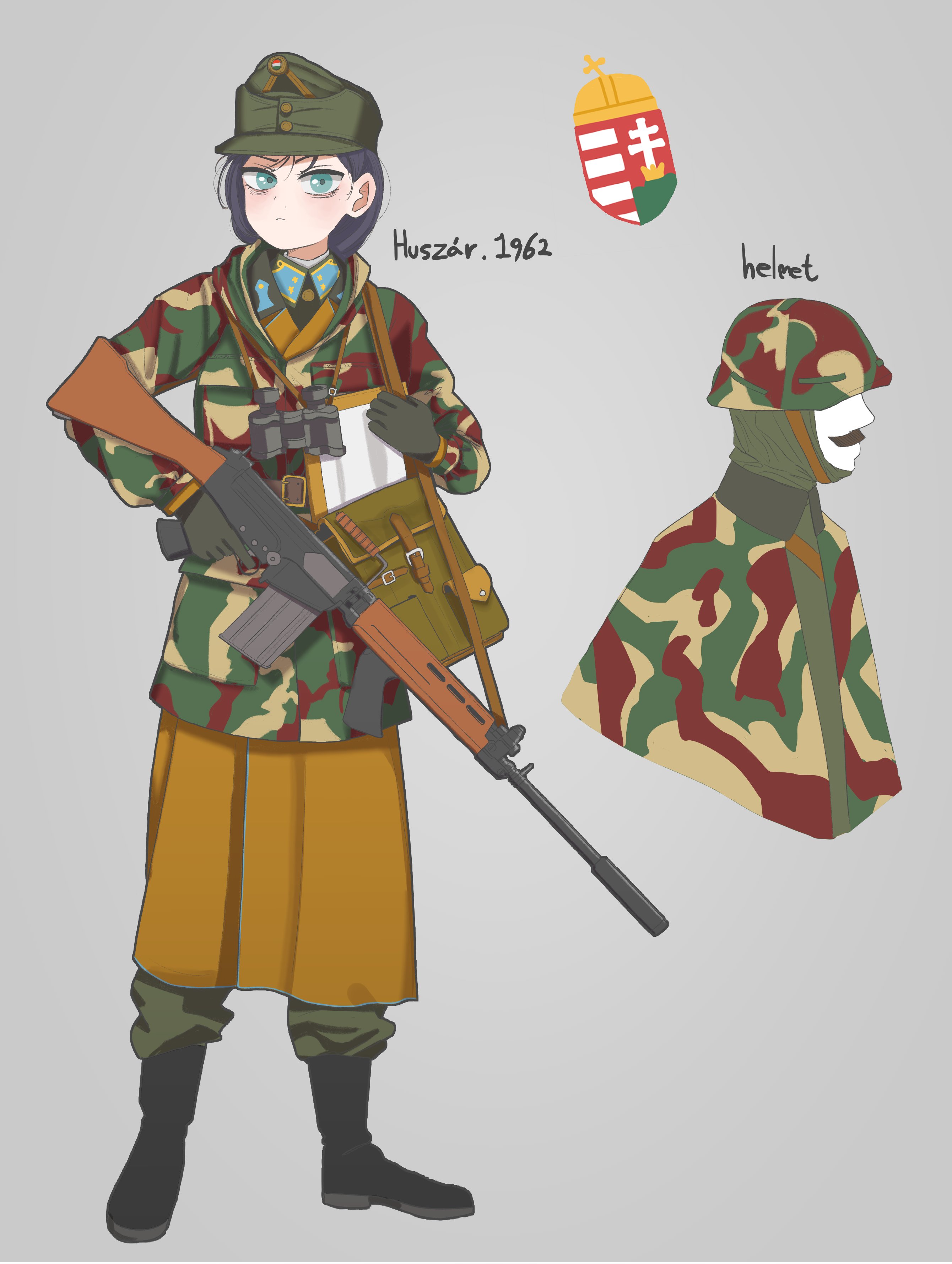 gulyas, fn herstal, hearts of iron, the new order: last days of europe, weapon request, 1boy, 1girl, automatic rifle, battle rifle, belt, belt pouch, binoculars, black boots, black gloves, boots, buttons, camouflage, camouflage cloak, camouflage headwear, camouflage jacket, coat, coat of arms, cockade, combat helmet, cross, crown (symbol), fn fal, gloves, green pants, gun, gun sling, hat, helmet, hungarian army, hungarian flag, hungarian text, hungary, jacket, kepi, map, military hat, military uniform, pants, pouch, rifle, simple background, soldier, stg58, trench coat, trigger discipline, two-barred cross, weapon, woodland camouflage