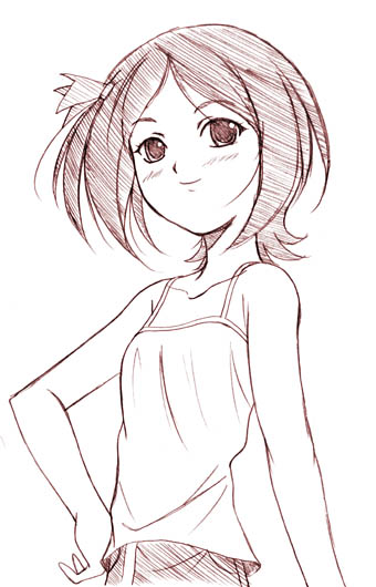 kusui aruta, kaminogi haruka, noein, 00s, 1girl, blush, camisole, female focus, monochrome, pink theme, sketch, smile, solo