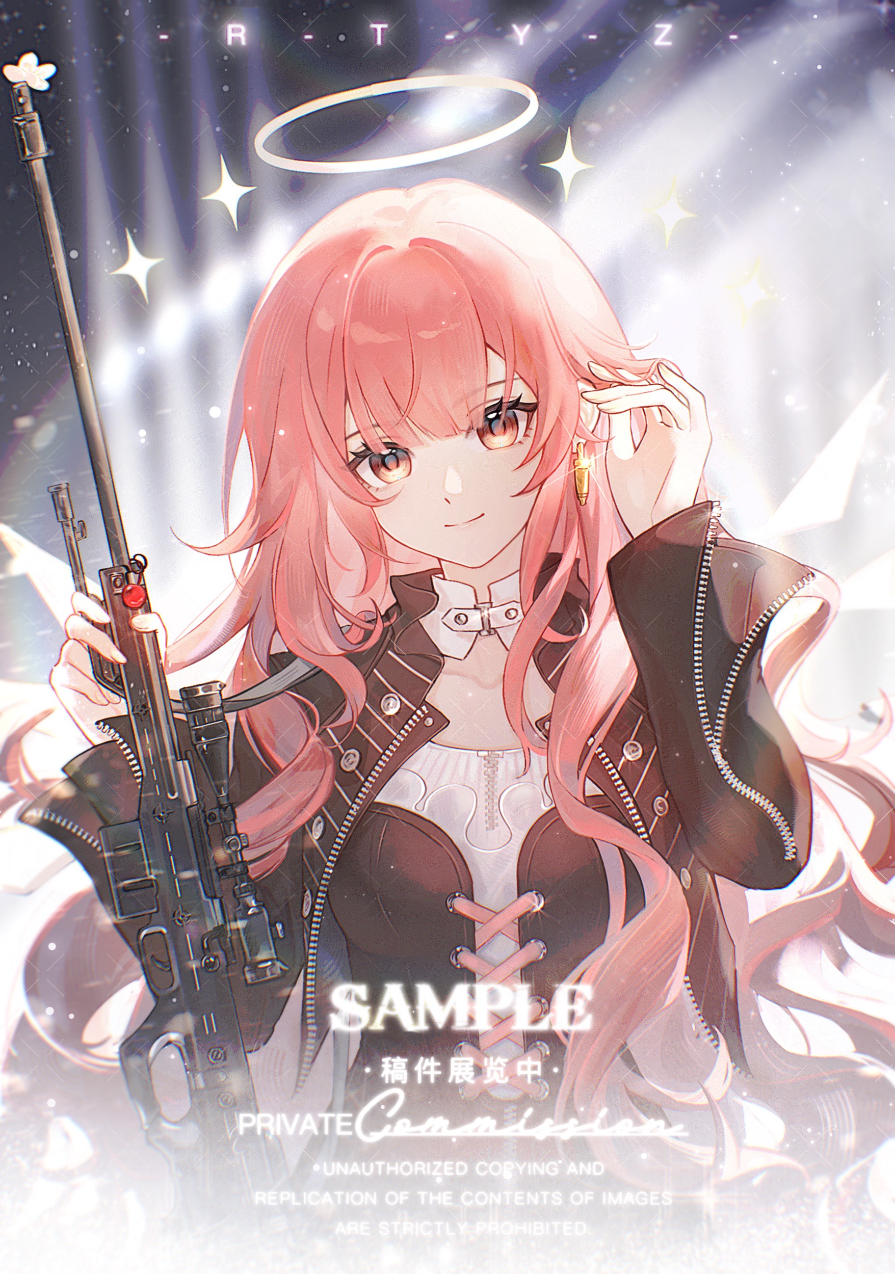 rtyz, lemuen (arknights), arknights, absurdres, commission, highres, 1girl, black jacket, breasts, chinese text, closed mouth, earrings, english text, gun, halo, holding, holding gun, holding weapon, jacket, jewelry, long hair, long sleeves, looking at viewer, mixed-language text, open clothes, open jacket, pink eyes, pink hair, rifle, single earring, smile, sniper rifle, solo, upper body, weapon, wings