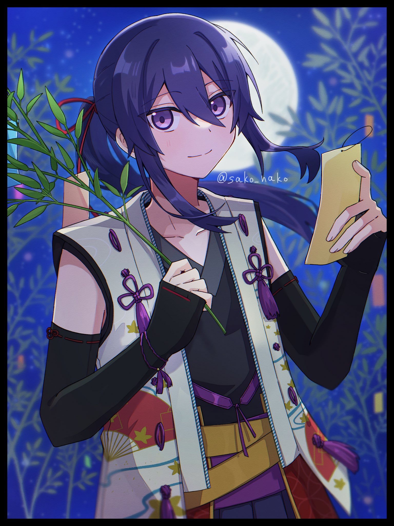 kanzaki souma, ensemble stars!, highres, 1boy, bamboo, black arm warmers, black border, black kimono, blurry, blurry background, border, branch, closed mouth, collarbone, cowboy shot, double-parted bangs, e7fe97lnor97074, floating hair, full moon, hair between eyes, hair intakes, hand fan, holding, holding branch, holding tanzaku, idol, japanese clothes, kimono, long hair, looking at viewer, male focus, moon, night, obi, official alternate costume, paper fan, ponytail, purple eyes, purple hair, sash, sidelocks, sky, sleeveless, sleeveless kimono, sleeves past wrists, smile, solo, star (sky), star (symbol), starry sky, tanabata, tanzaku, tassel, twitter username