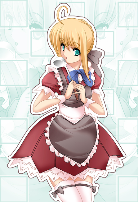 shiikeru, artoria pendragon (fate), saber (fate), fate/stay night, fate (series), 00s, ahoge, alternate costume, ladle, maid, thighhighs, zettai ryouiki