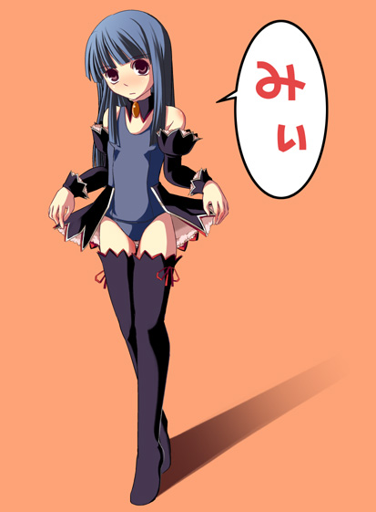 yuuji overall, furude rika, higurashi no naku koro ni, 00s, 1girl, angel mort, black thighhighs, blue hair, blunt bangs, detached collar, female focus, full body, hime cut, long hair, one-piece swimsuit, orange background, school swimsuit, simple background, solo, speech bubble, standing, swimsuit, thighhighs