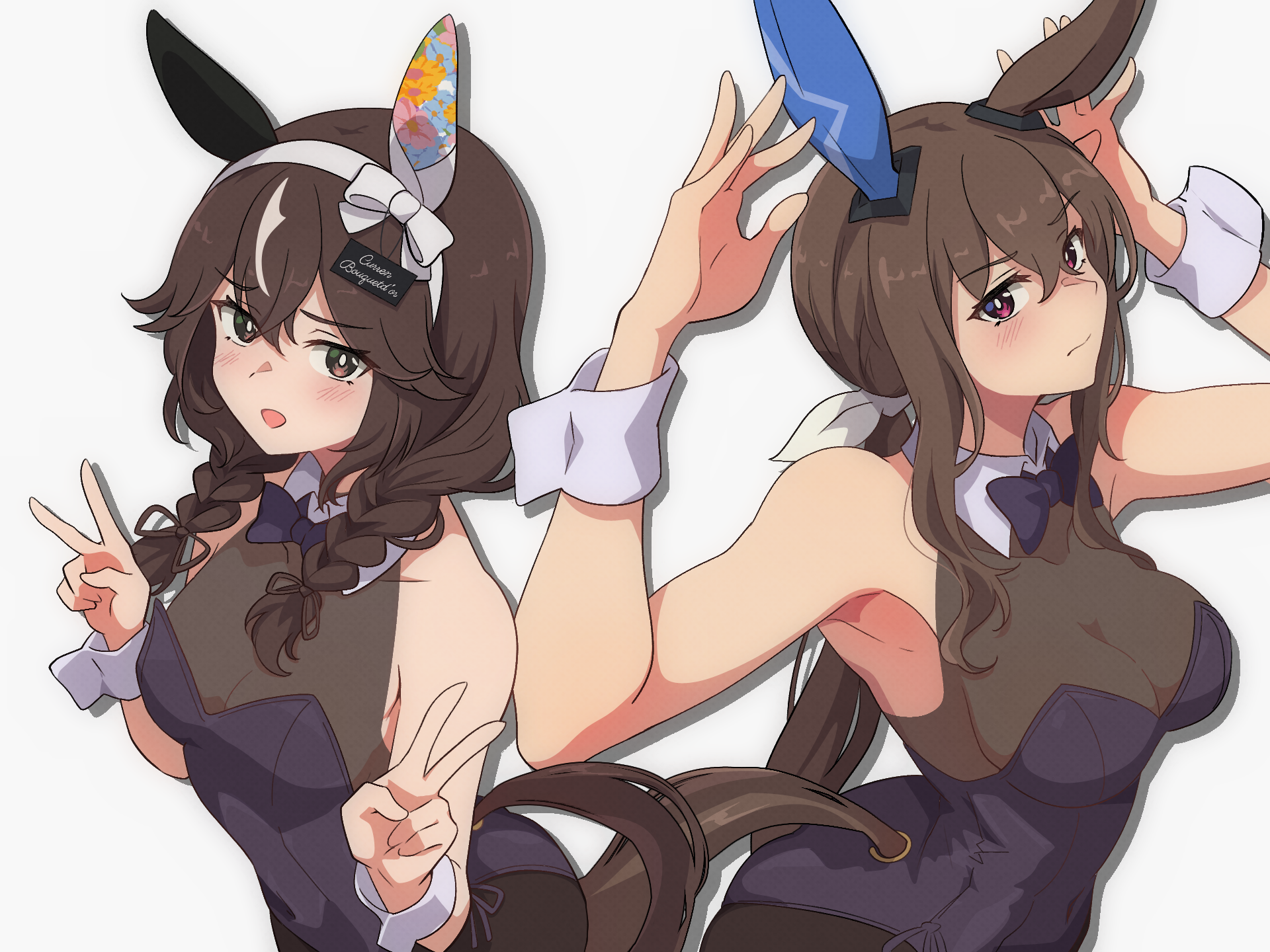 wa (wamizest7), admire vega (umamusume), curren bouquetd'or (umamusume), umamusume, highres, 2girls, alternate costume, animal ears, bare shoulders, breasts, brown hair, ear covers, grey background, hairband, horse ears, horse girl, horse tail, leotard, long hair, looking at viewer, medium breasts, multiple girls, open mouth, playboy bunny, red eyes, simple background, single ear cover, small breasts, tail, white hairband