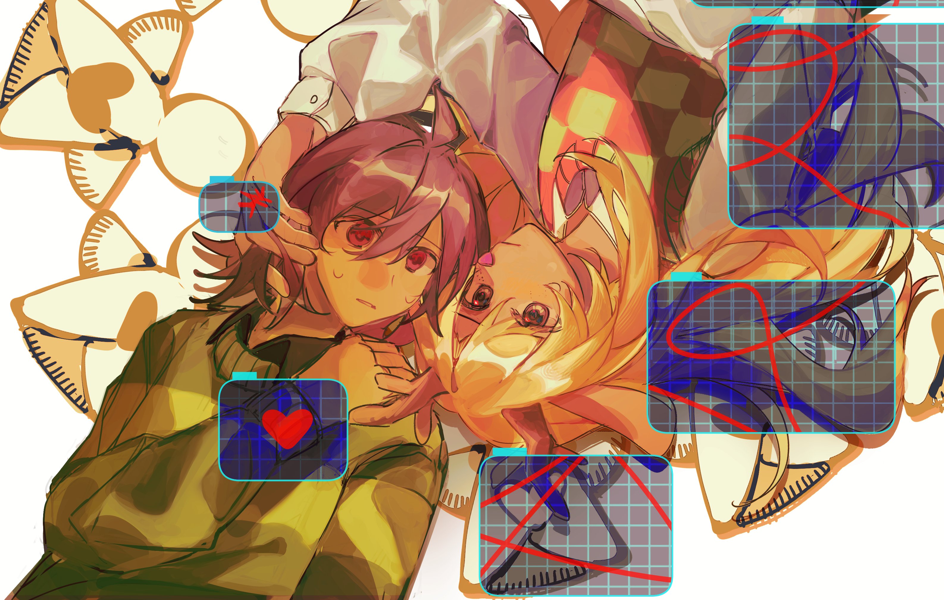 kiee (kiee owo), kris (deltarune), noelle holiday, soul (deltarune), deltarune, utdr (toby fox), commentary, english commentary, highres, 1girl, 1other, antlers, blonde hair, brown hair, checkered clothes, deer antlers, deer girl, doll, green sweater, heart, horns, long hair, red eyes, rotational symmetry, single horizontal stripe, striped clothes, striped sweater, sweater, thorn ring (deltarune), weird route (deltarune)