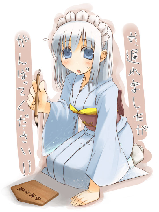 jirou (chekoro), silver hair, 1girl, blue eyes, female focus, flying sweatdrops, full body, ink, japanese clothes, kimono, long sleeves, maid, paintbrush, seiza, sidelocks, simple background, sitting, socks, solo, sweatdrop, white background, white socks, writing