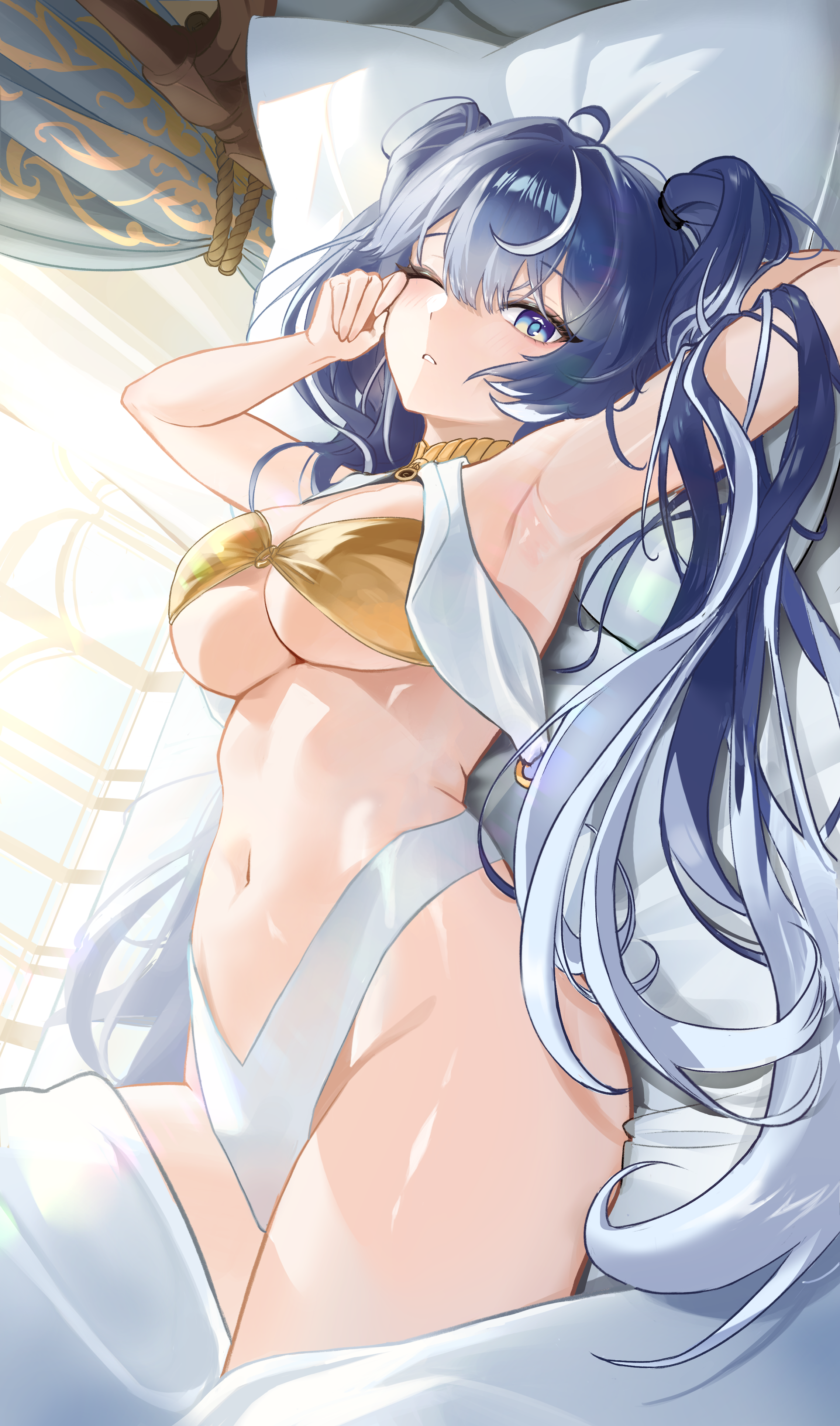 chuvi y, iuno (wuthering waves), wuthering waves, absurdres, commentary, english commentary, highres, 1girl, armpits, arms up, bed, blue eyes, blue hair, breasts, cleavage, gold bra, gradient hair, long hair, looking at viewer, lying, medium breasts, multicolored hair, navel, on back, on bed, one eye closed, parted lips, rubbing eyes, solo, stomach, streaked hair, thighs, twintails, underboob, waking up