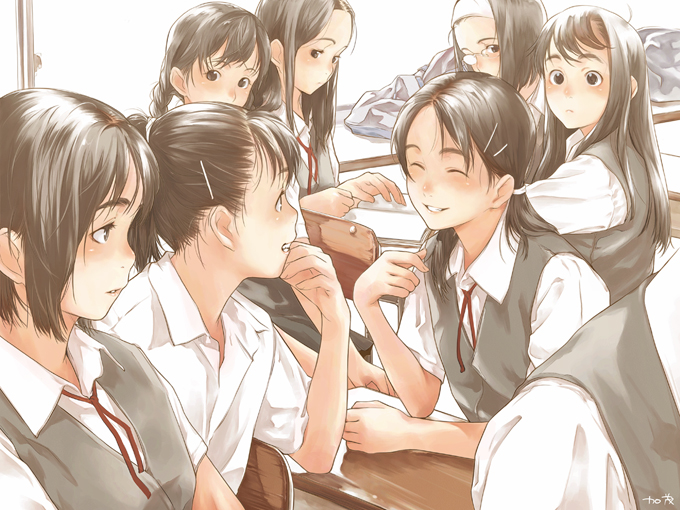 gafas, kamo (gafas), non-web source, 6+girls, ^ ^, black eyes, black hair, bob cut, braid, chair, classroom, closed eyes, collared shirt, day, desk, frown, glasses, hand to own mouth, indoors, messy hair, multiple girls, on chair, opaque glasses, parted bangs, ponytail, school, school desk, school uniform, serafuku, shirt, sitting, slice of life, sweater, sweater vest, vest