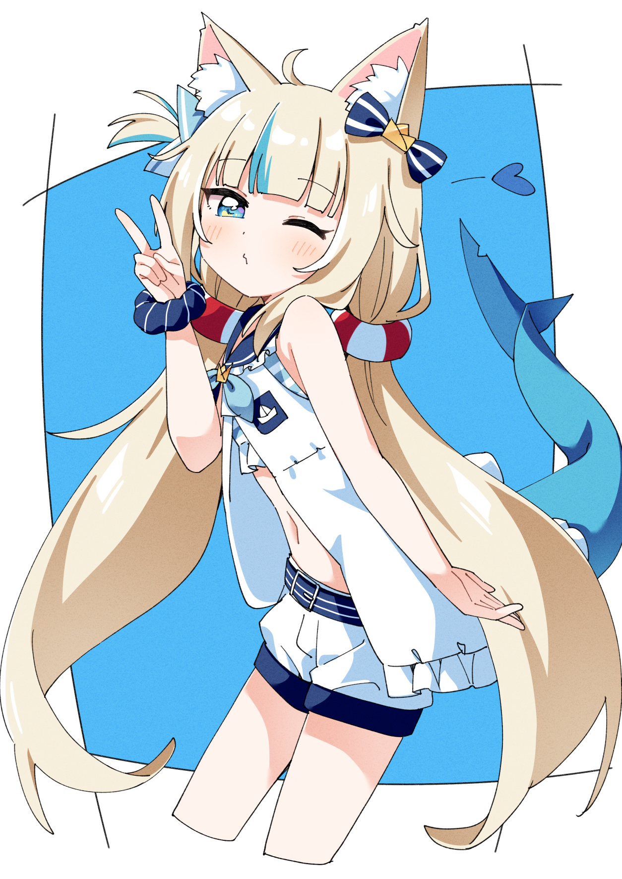 haru (konomi 150), sameko saba, indie virtual youtuber, commentary, highres, 1girl, ahoge, animal ear fluff, animal ears, bare shoulders, blonde hair, blue background, blue bow, blue eyes, blue sailor collar, blue streaks, blush, border, bow, cat ears, closed mouth, cropped legs, dress, fins, fish girl, fish tail, frilled sailor collar, frills, hair bow, hand up, lifebuoy hair ornament, long hair, looking at viewer, low twintails, multicolored hair, navel, one eye closed, one side up, open clothes, open dress, outside border, sailor collar, simple background, sleeveless, sleeveless dress, solo, streaked hair, tail, twintails, v, very long hair, virtual youtuber, white border, white dress